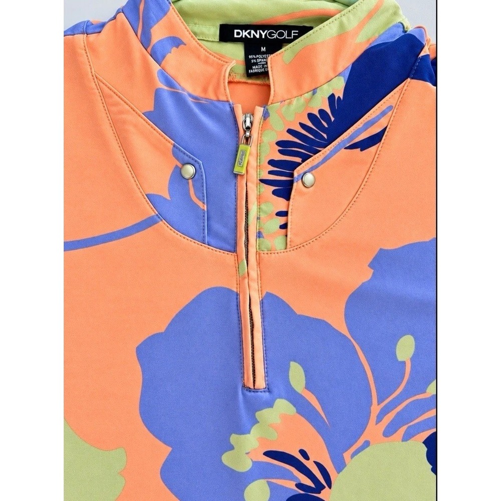 DKNY 1/4 Zip Golf Shirt Women's Medium Floral Performance Pearl Snap Bold